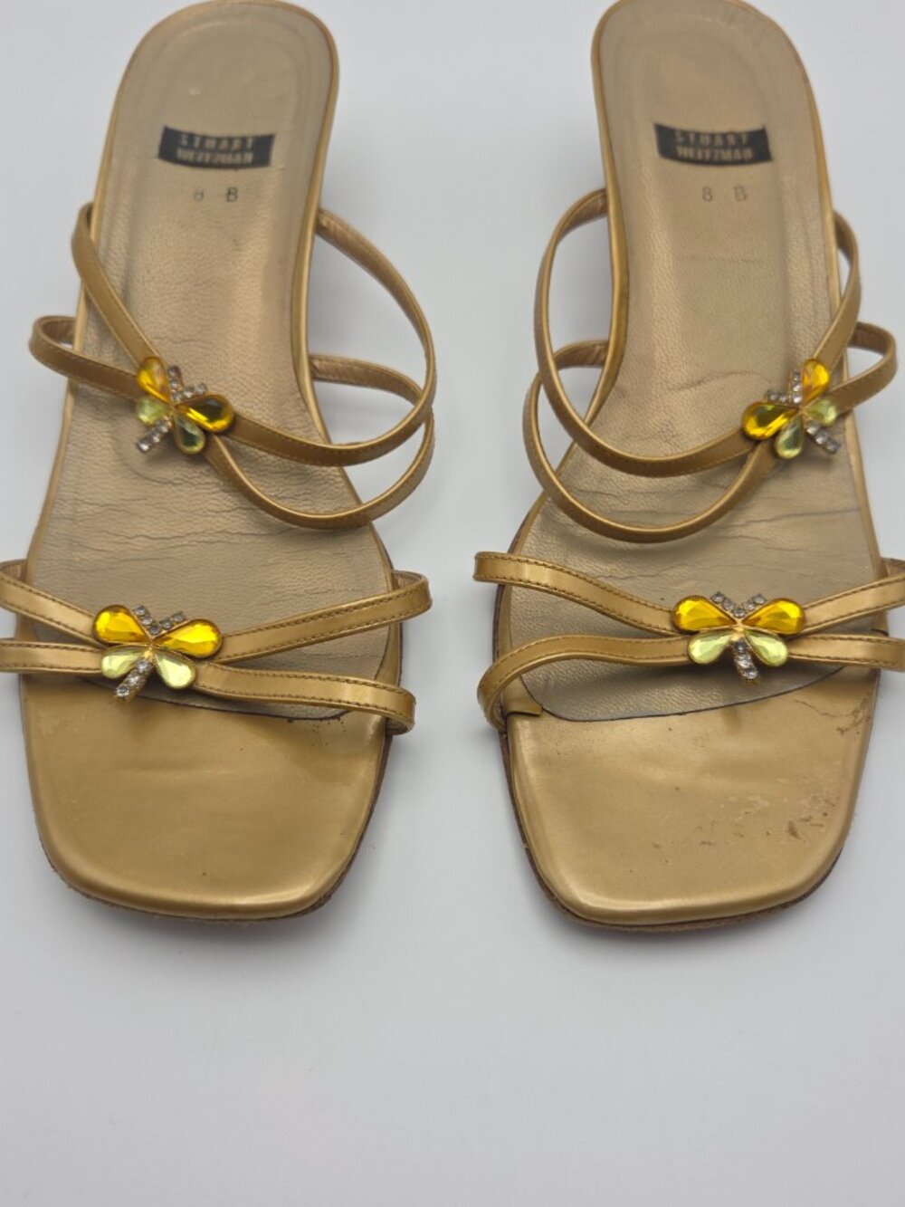 Stuart Weitzman Bugaboo Sandals – Gold Rhinestone Butterfly Heels Y2K Si - Picture 2 of 7